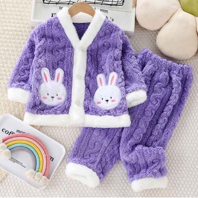 【12M-6Y】2-piece Girls Cute Bunny Pocket Coral Velvet Pajama Set