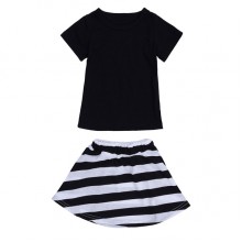 2015 Toddlers Kids Baby Girls Short Sleeve T  shirt Top Black White Stripe Skirt Dress