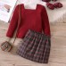 【18M-6Y】Girl Sweet Retro Burgundy Square Neck Long-sleeved T-shirt And Plaid Skirt Set