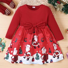 【2Y-8Y】Girl Cute Red Christmas Santa Claus Cartoon Print Bowknot Long Sleeve Dress