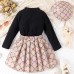 【3Y-7Y】3-piece Girl Fashion Retro Black Heart-shaped Embroidered Long-sleeved T-shirt And Bowknot Bear Print Pleated Skirt Set