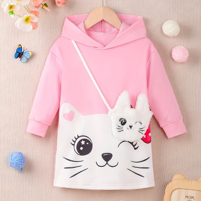 【3Y-8Y】Girl Cute Cat Print Colorblock Hooded Sweatshirt Dress With Crossbody Bag