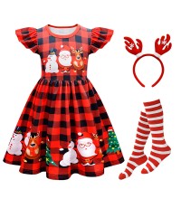 【2Y-10Y】3-piece Girls Christmas Print Short Sleeve Dress With Hair Accessories And Socks