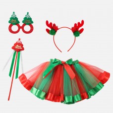 【2Y-7Y】4-piece Girls Christmas Tutu Skirt With Hair Accessories And Glasses And Magic Wand