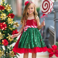 【3Y-10Y】2-piece Girls Christmas Sequin Sleeveless Princess Dress With Hairband