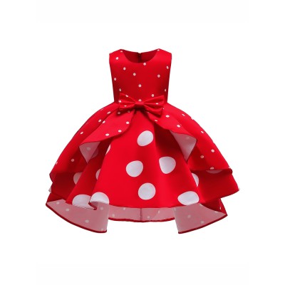 Girls Kids Bow Polka Dot Ruffle Sleeveless Princess Dress